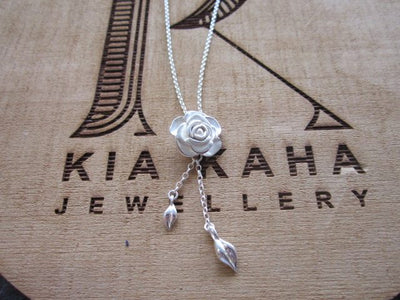 Silver Rose pendant with deluxe leaf drops-NZ made